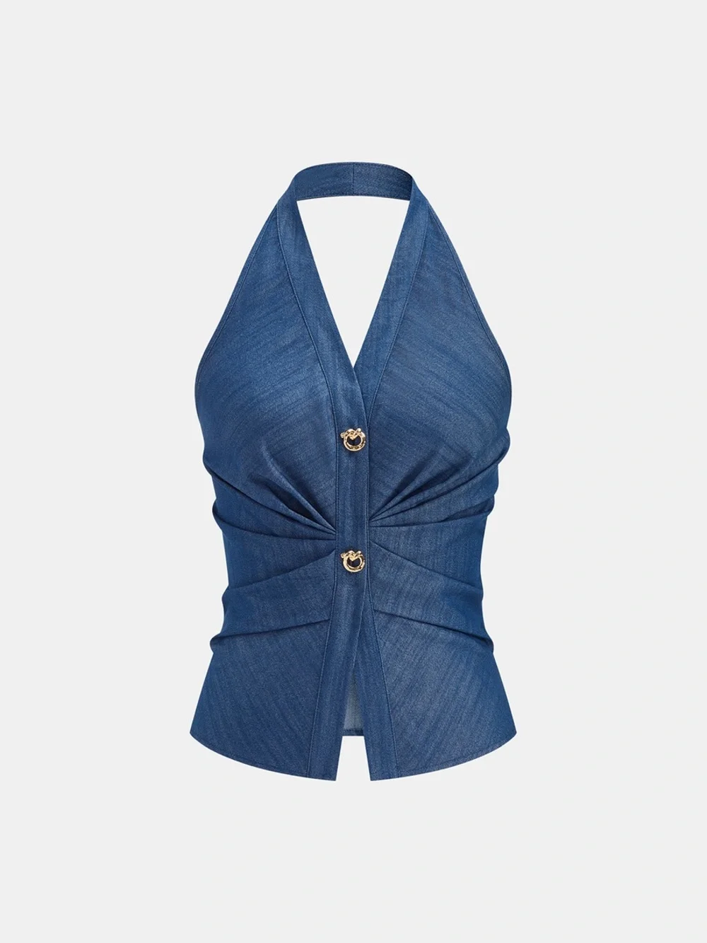 Faux Denim Halter Ruched Top & Pants Set - Picture 2 of 16